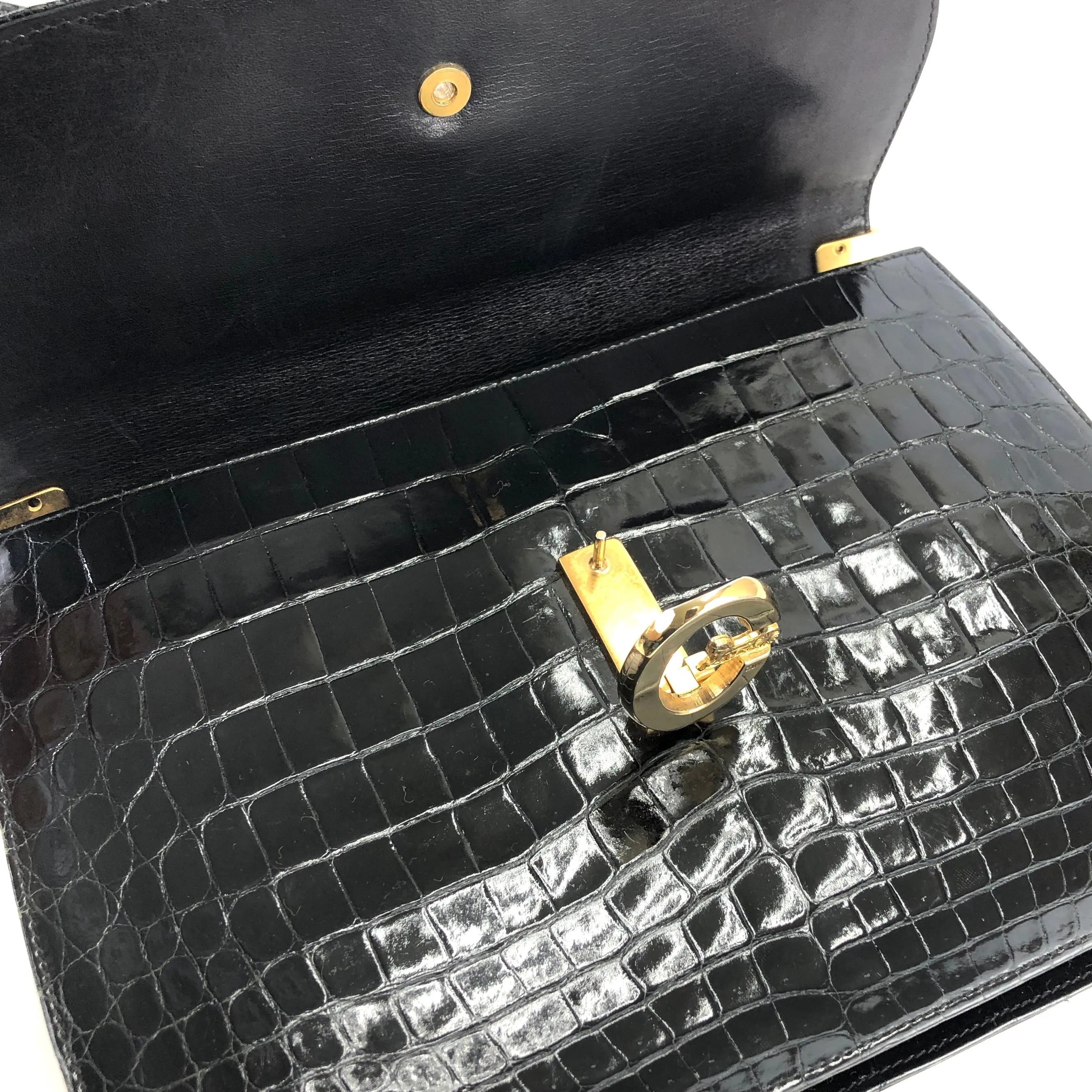 CELINE C logo Horse carriage Crocodile embossed leather Shoulder bag Black Old CELINE vintage 6tmne2