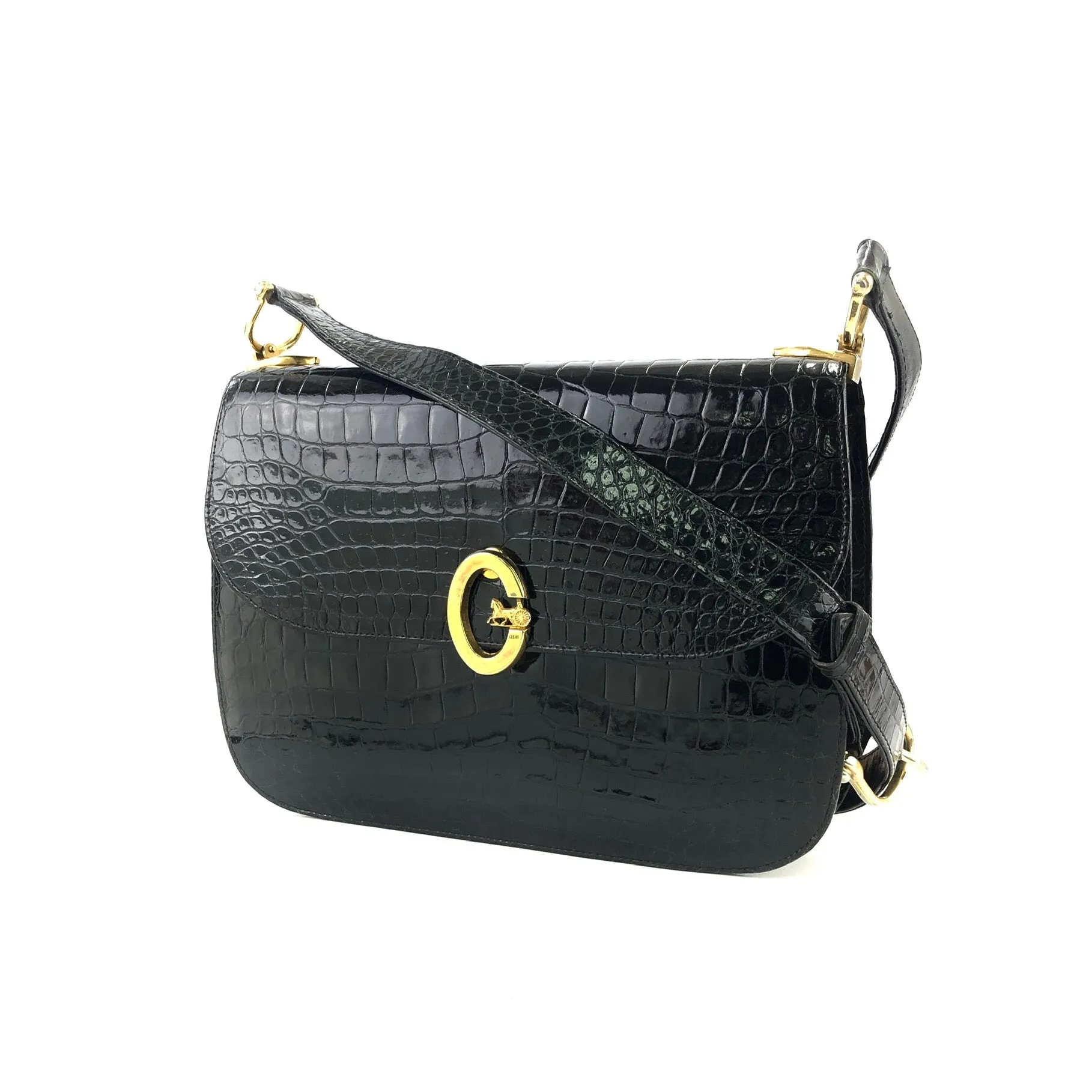 CELINE C logo Horse carriage Crocodile embossed leather Shoulder bag Black Old CELINE vintage 6tmne2