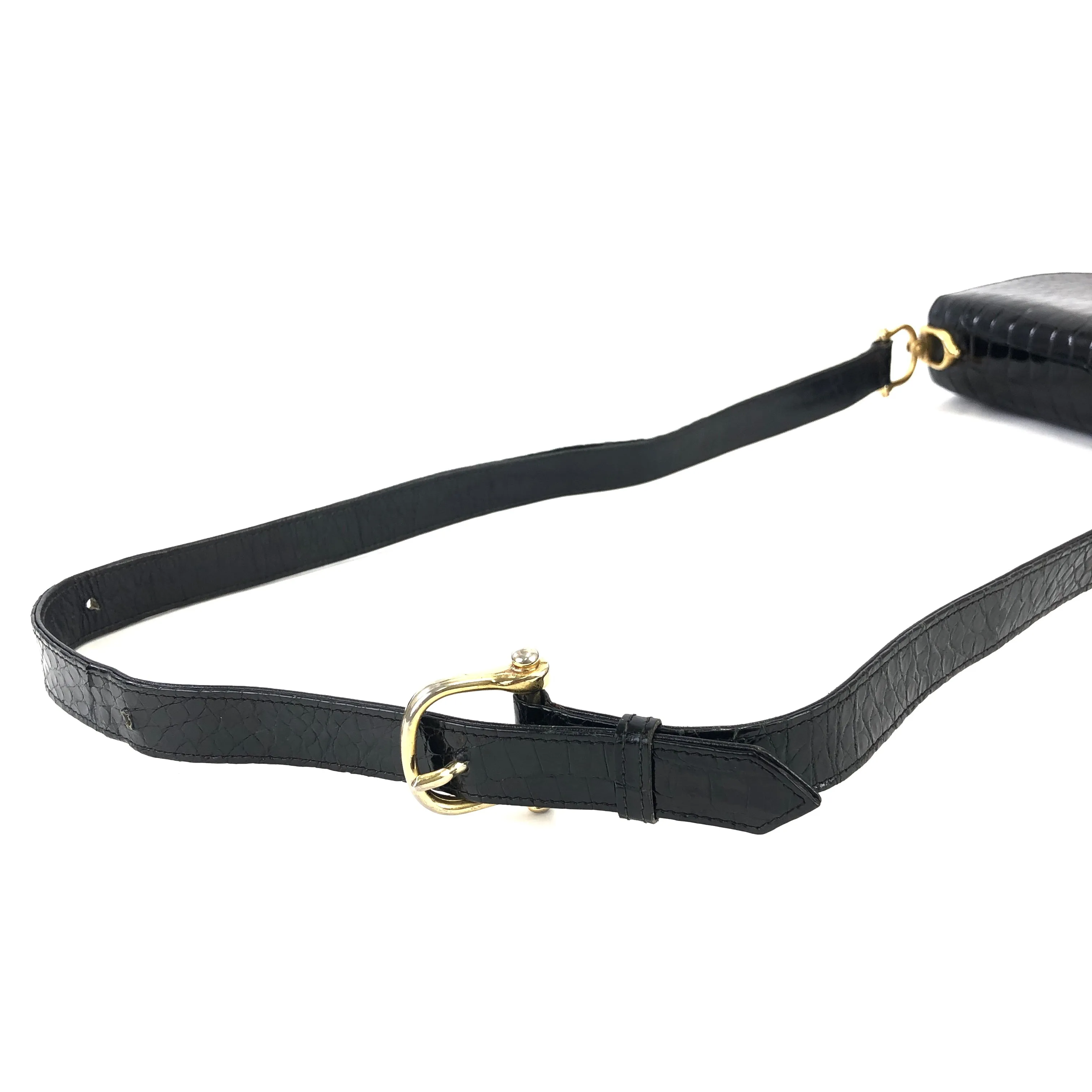 CELINE C logo Horse carriage Crocodile embossed leather Shoulder bag Black Old CELINE vintage 6tmne2