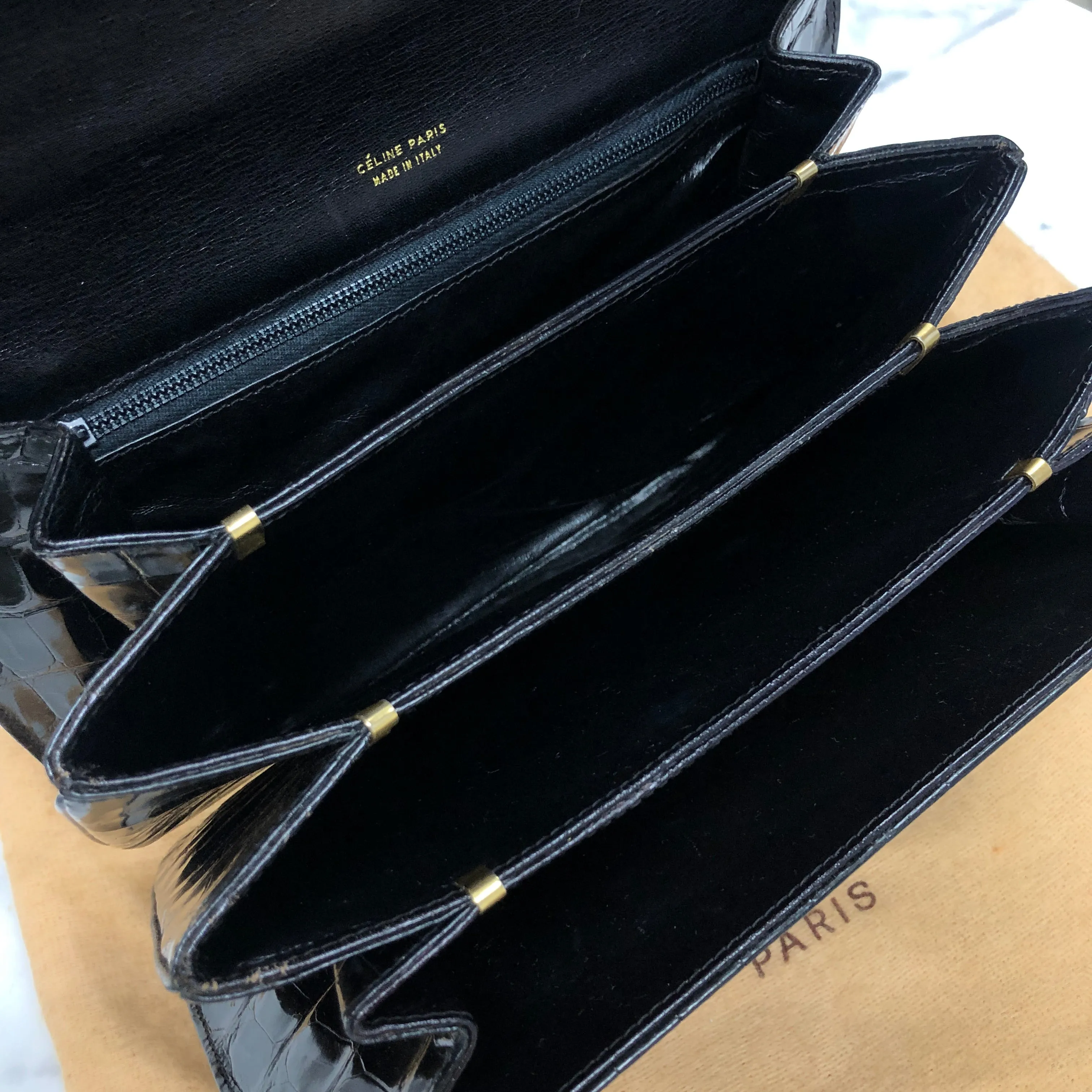 CELINE C logo Horse carriage Crocodile embossed leather Shoulder bag Black Old CELINE vintage 6tmne2