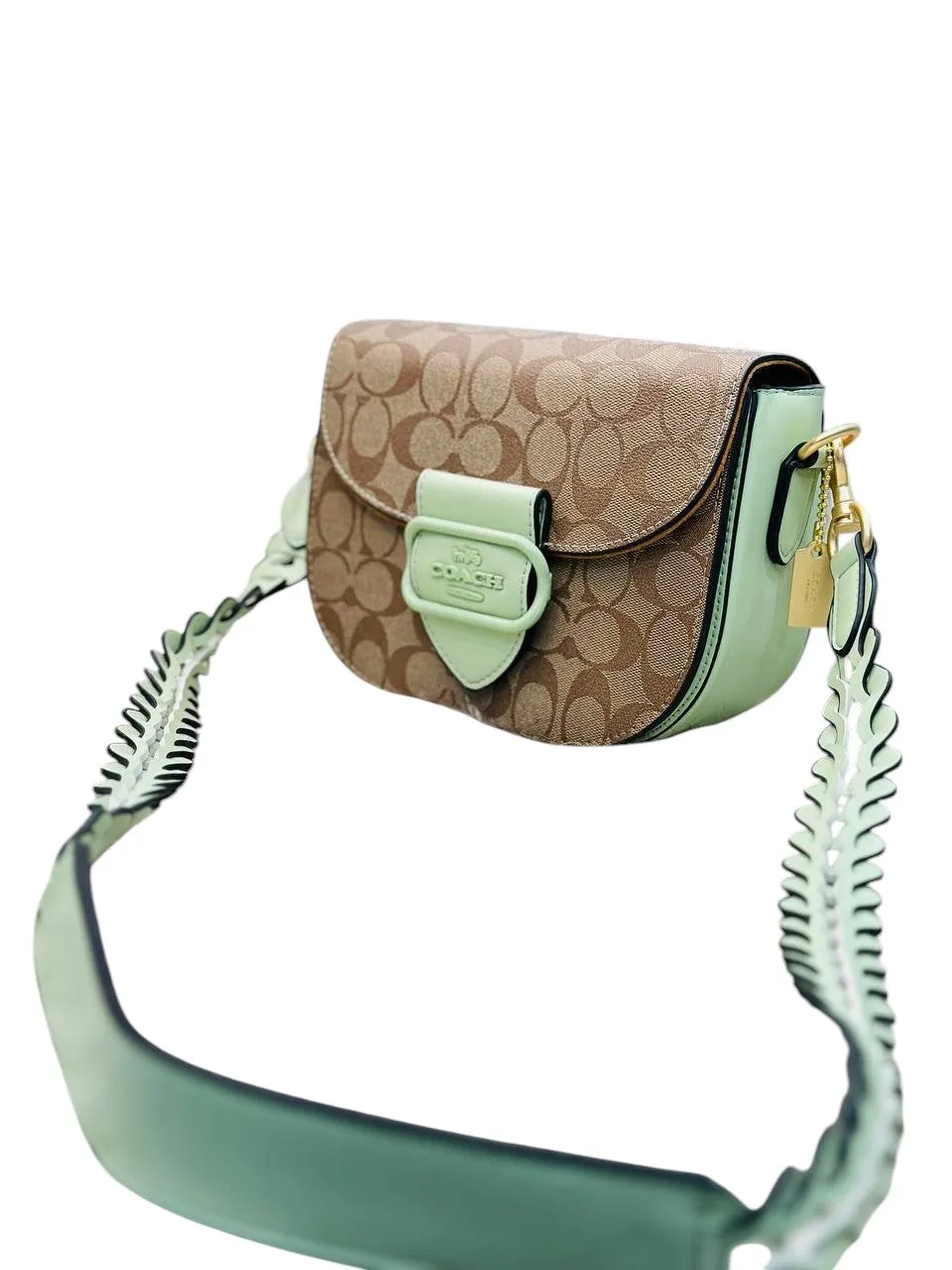 Coach Signature Saddle Crossbody Bag – Beige & Mint Green