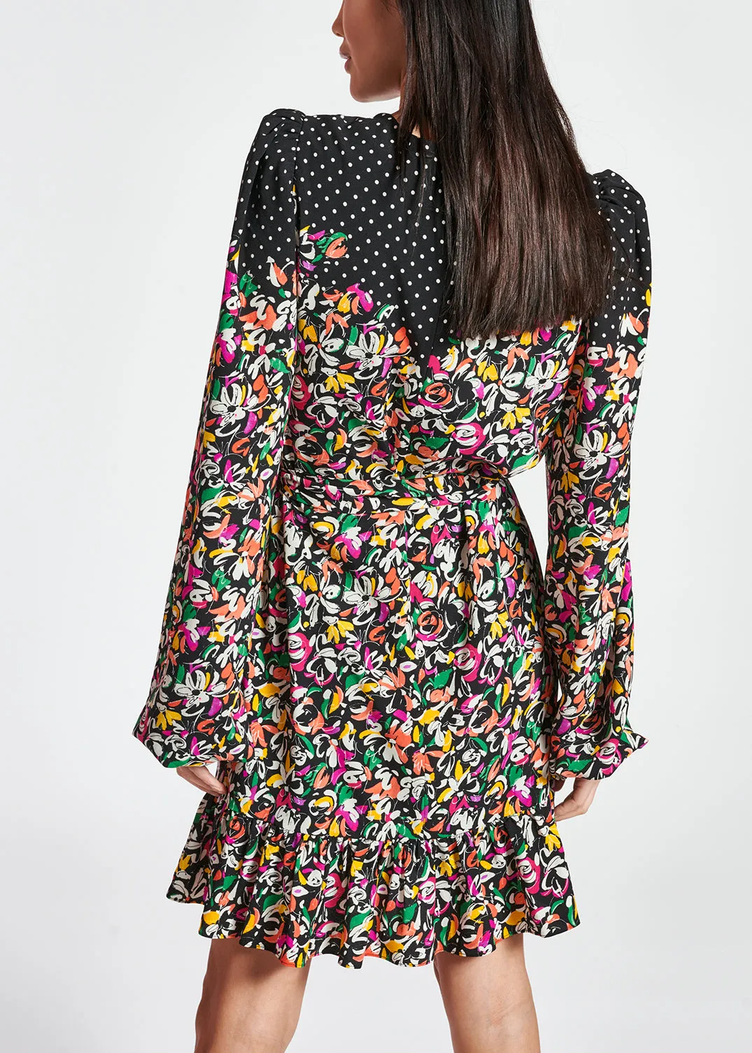 Colorful floral and polka-dot mixed-print dress
