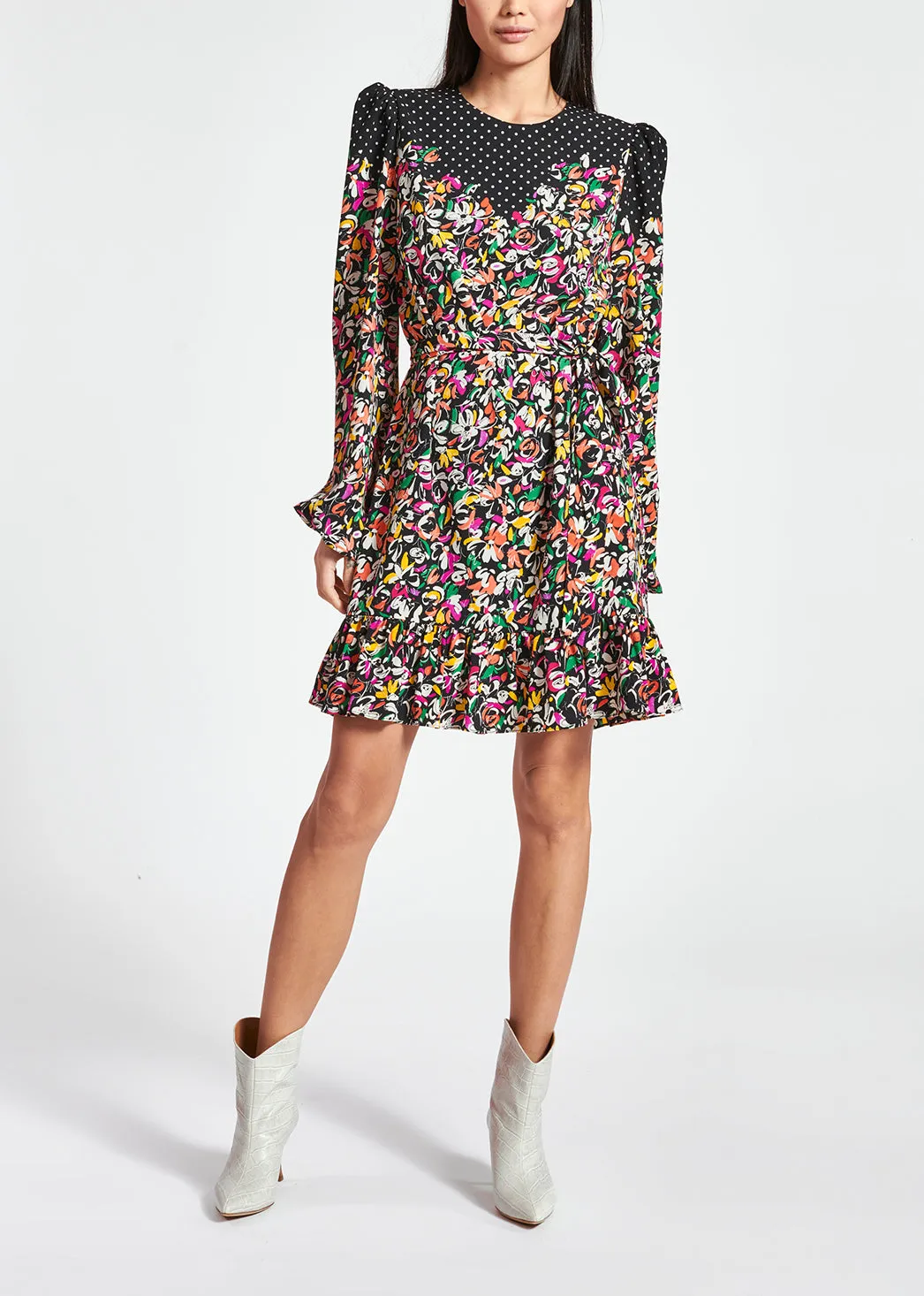 Colorful floral and polka-dot mixed-print dress