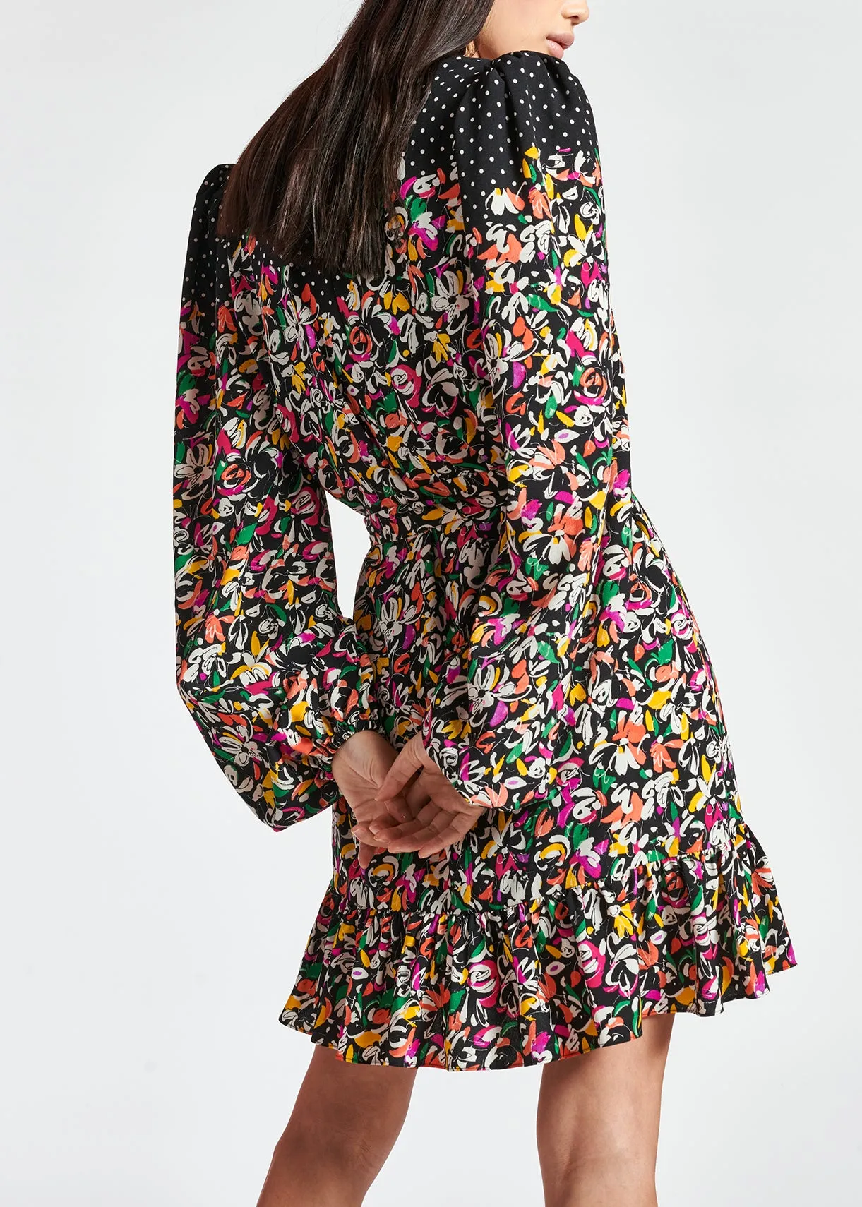 Colorful floral and polka-dot mixed-print dress