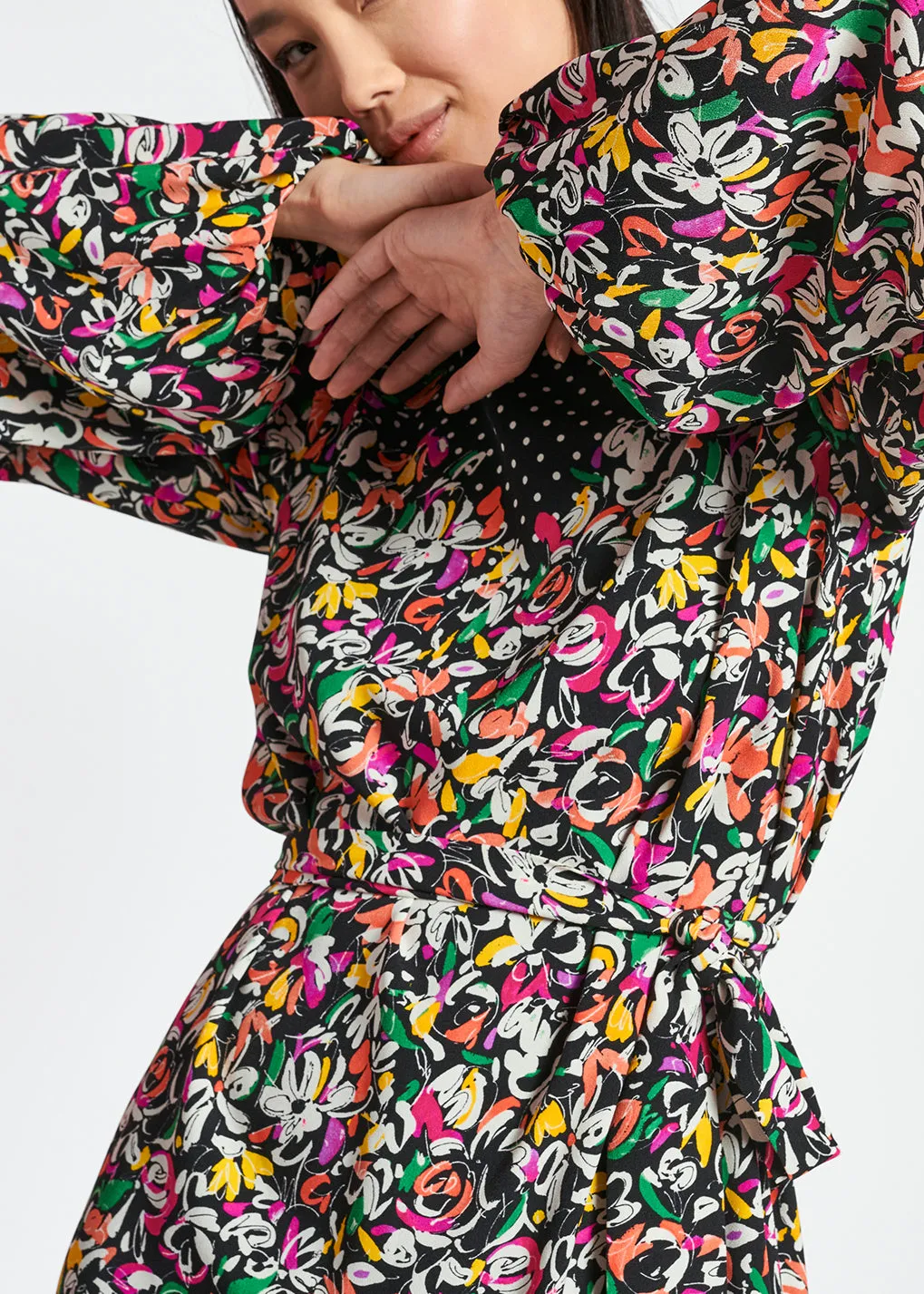 Colorful floral and polka-dot mixed-print dress