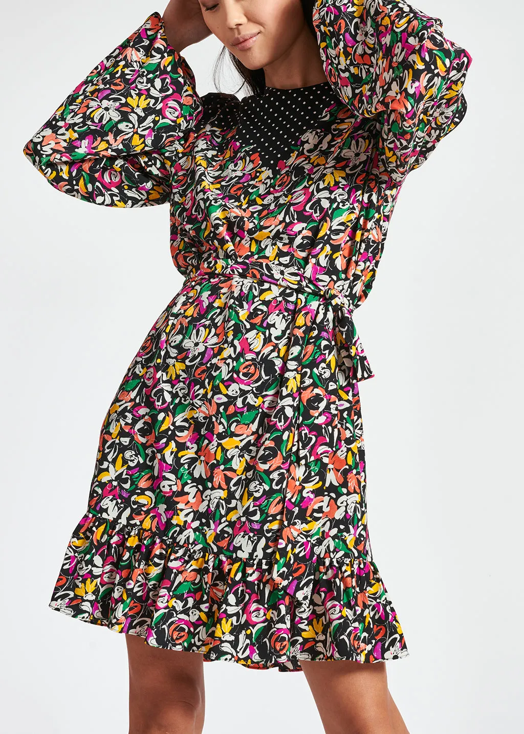 Colorful floral and polka-dot mixed-print dress