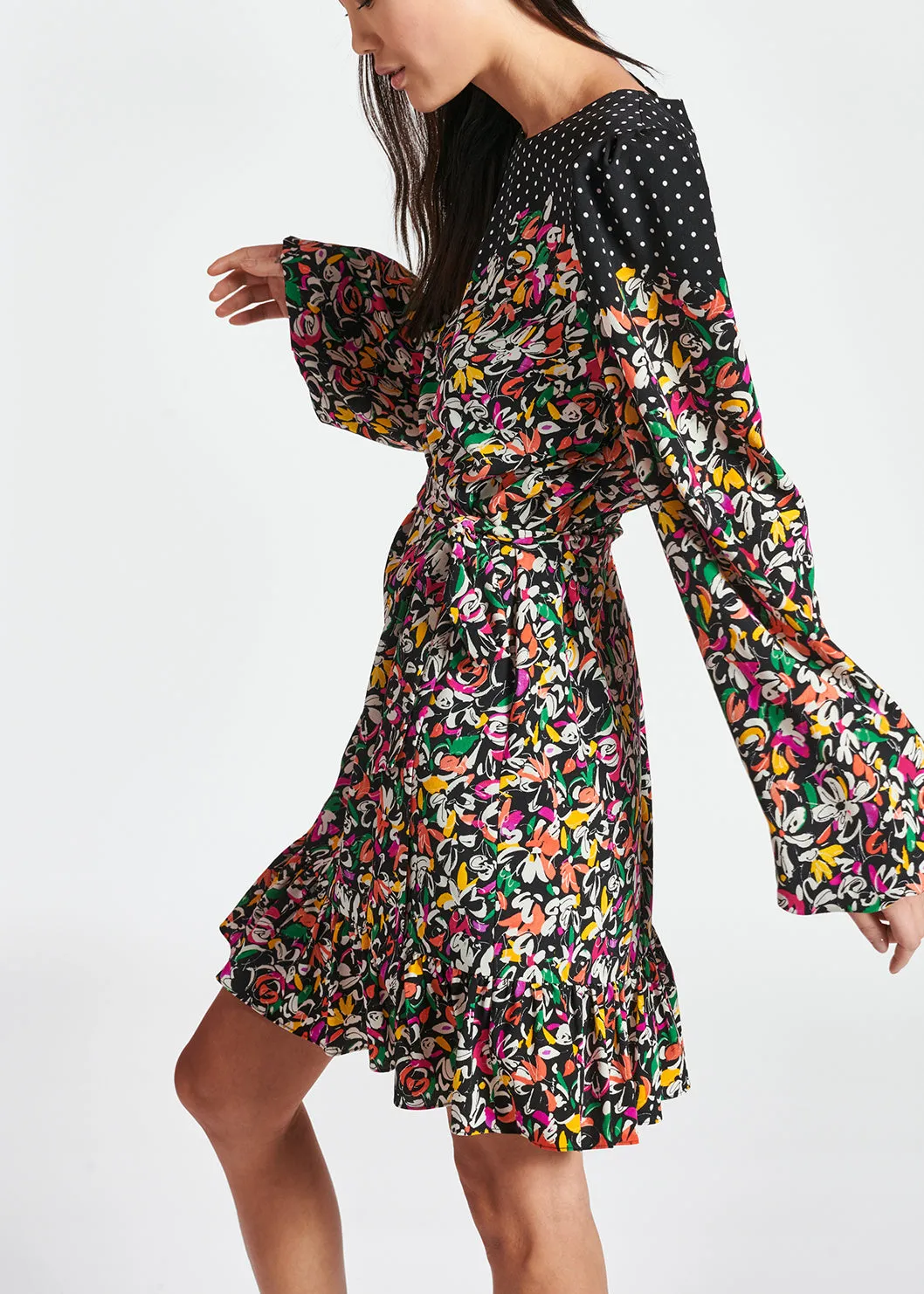 Colorful floral and polka-dot mixed-print dress