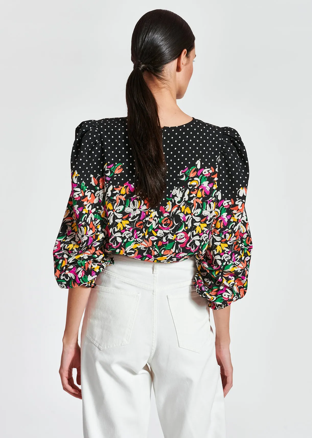 Colorful floral and polka-dot mixed-print top