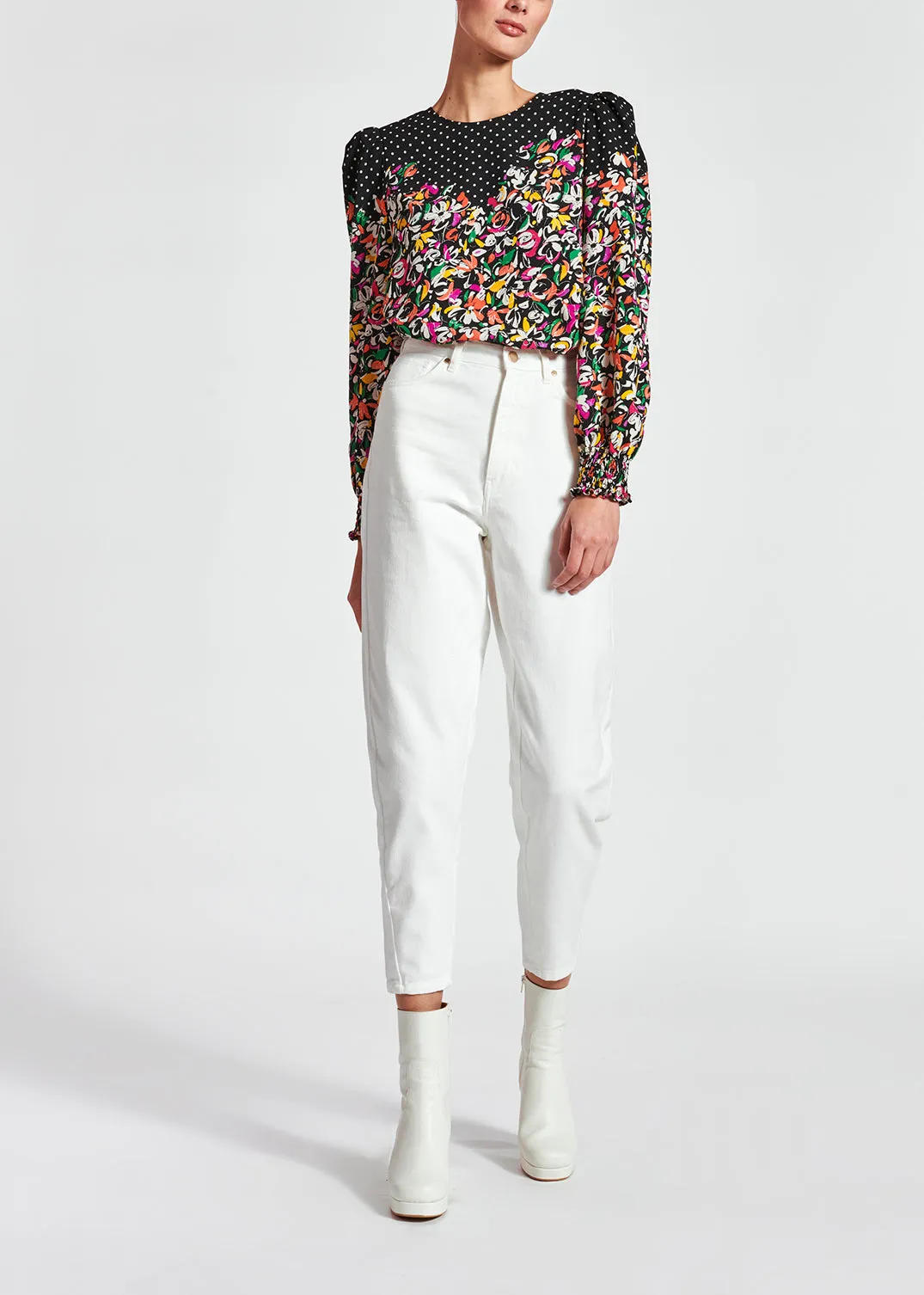 Colorful floral and polka-dot mixed-print top