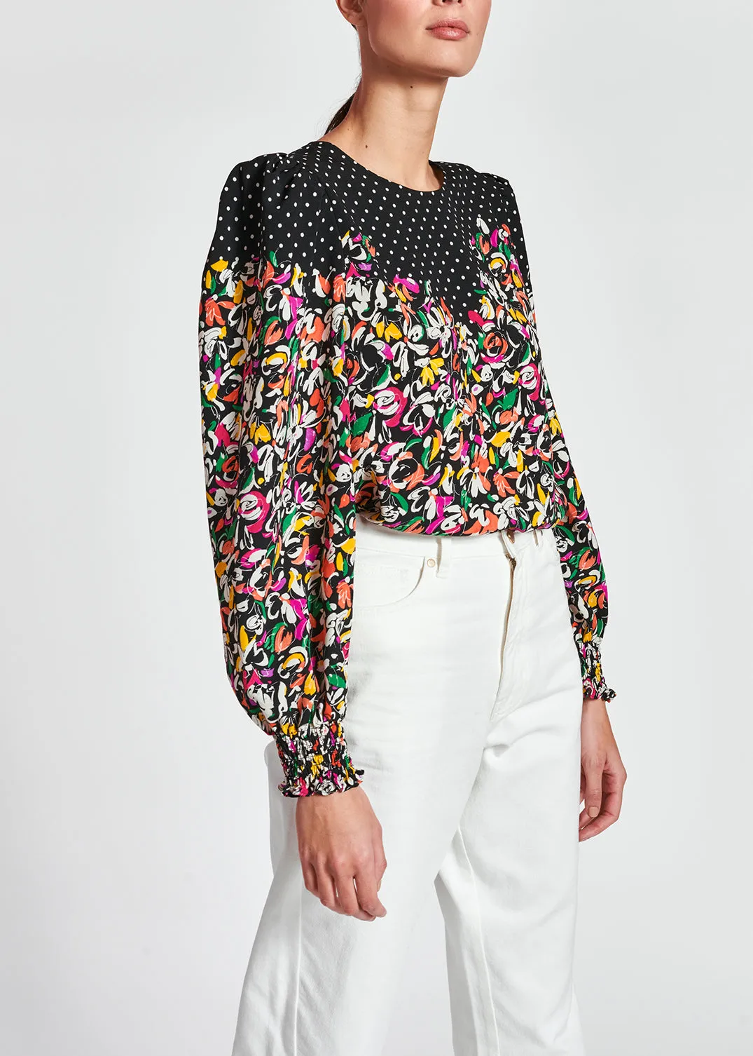 Colorful floral and polka-dot mixed-print top
