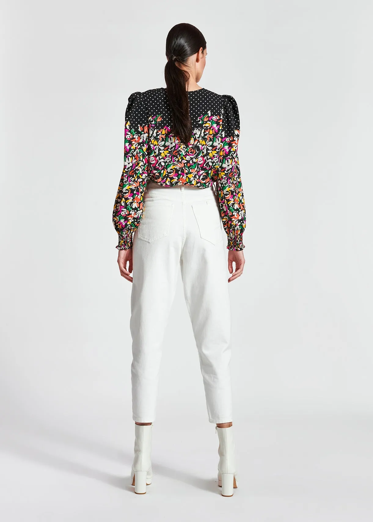 Colorful floral and polka-dot mixed-print top