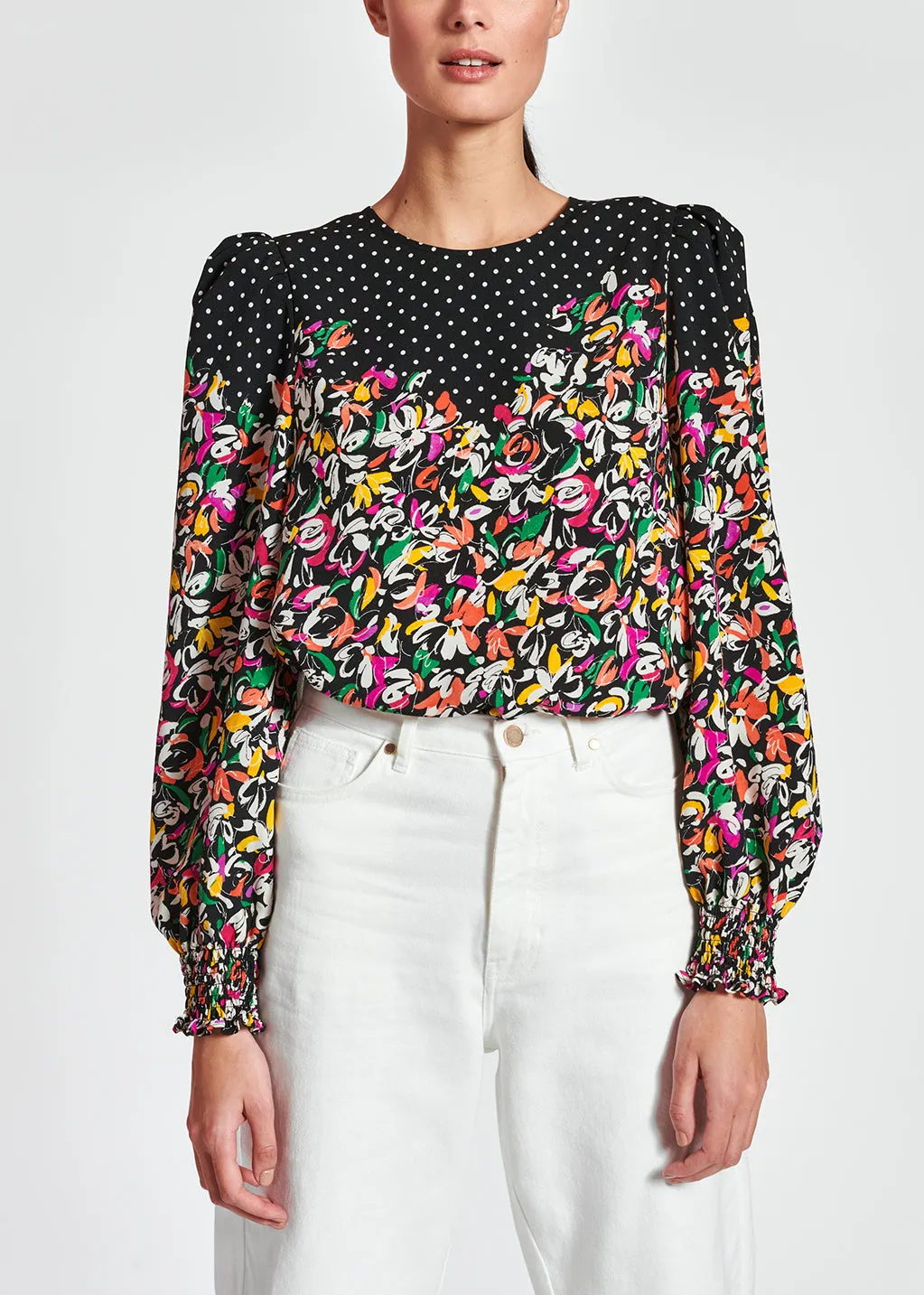 Colorful floral and polka-dot mixed-print top