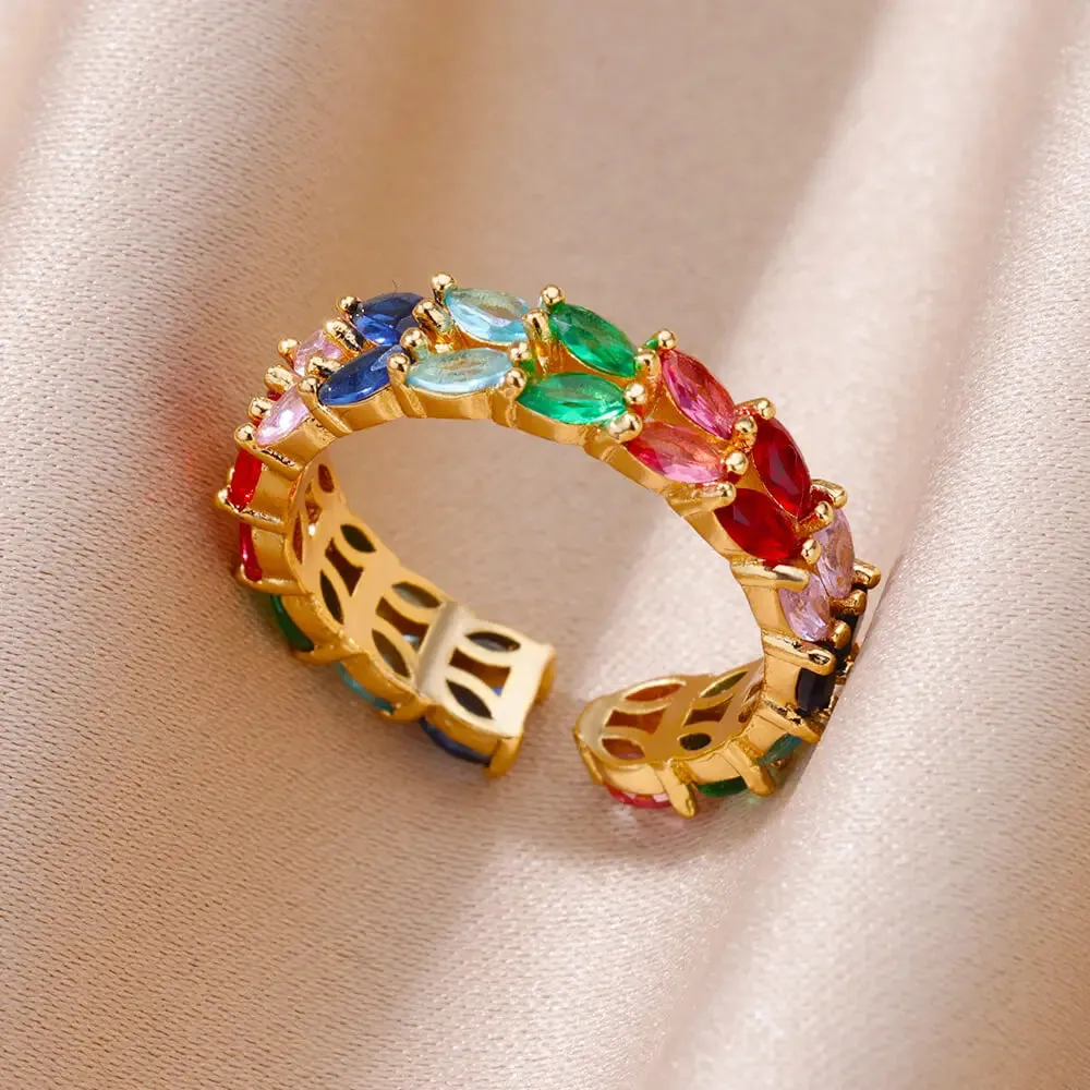 Colorful Zircon Rings For Women Gold Color Stainless Steel Fashion Cubic Zirconia Ring Wedding Jewelry Gift