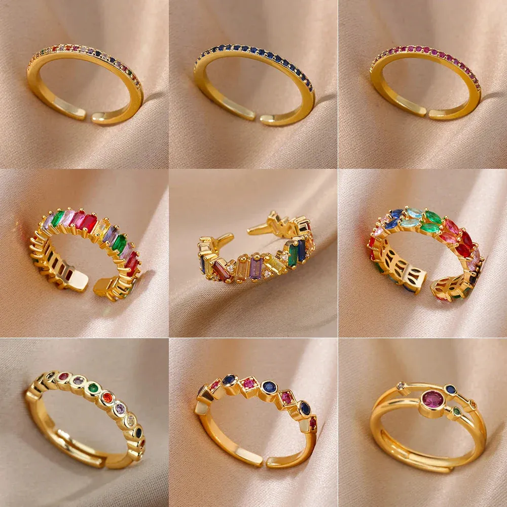Colorful Zircon Rings For Women Gold Color Stainless Steel Fashion Cubic Zirconia Ring Wedding Jewelry Gift