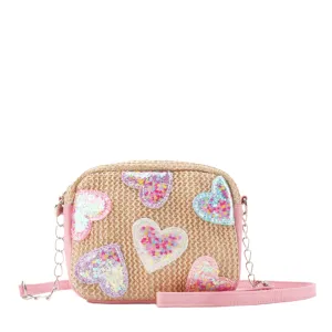 Confetti Heart Patched Straw Crossbody Bag