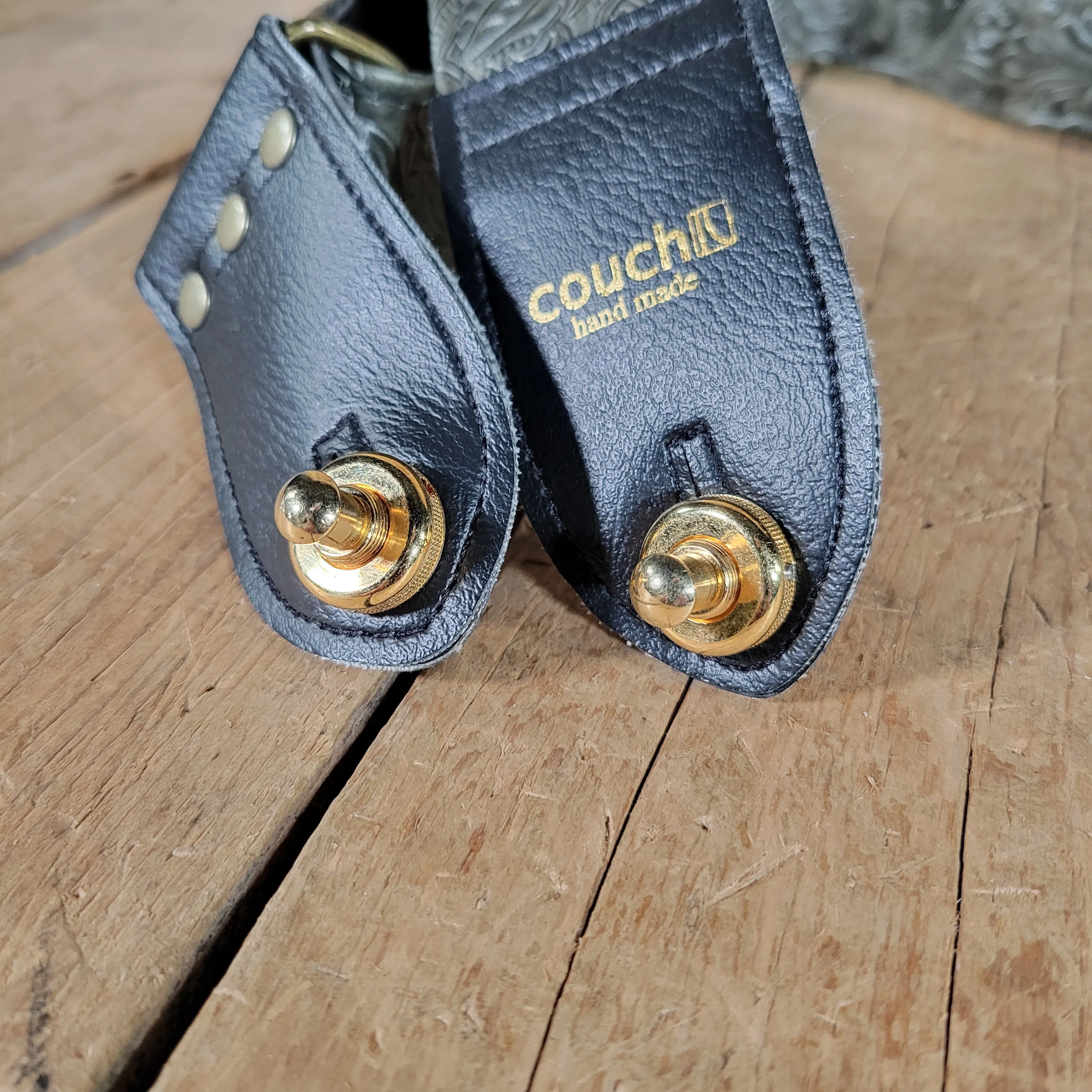 Couch Embossed Leather Guitar Strap with gold Schaller Straplocks
