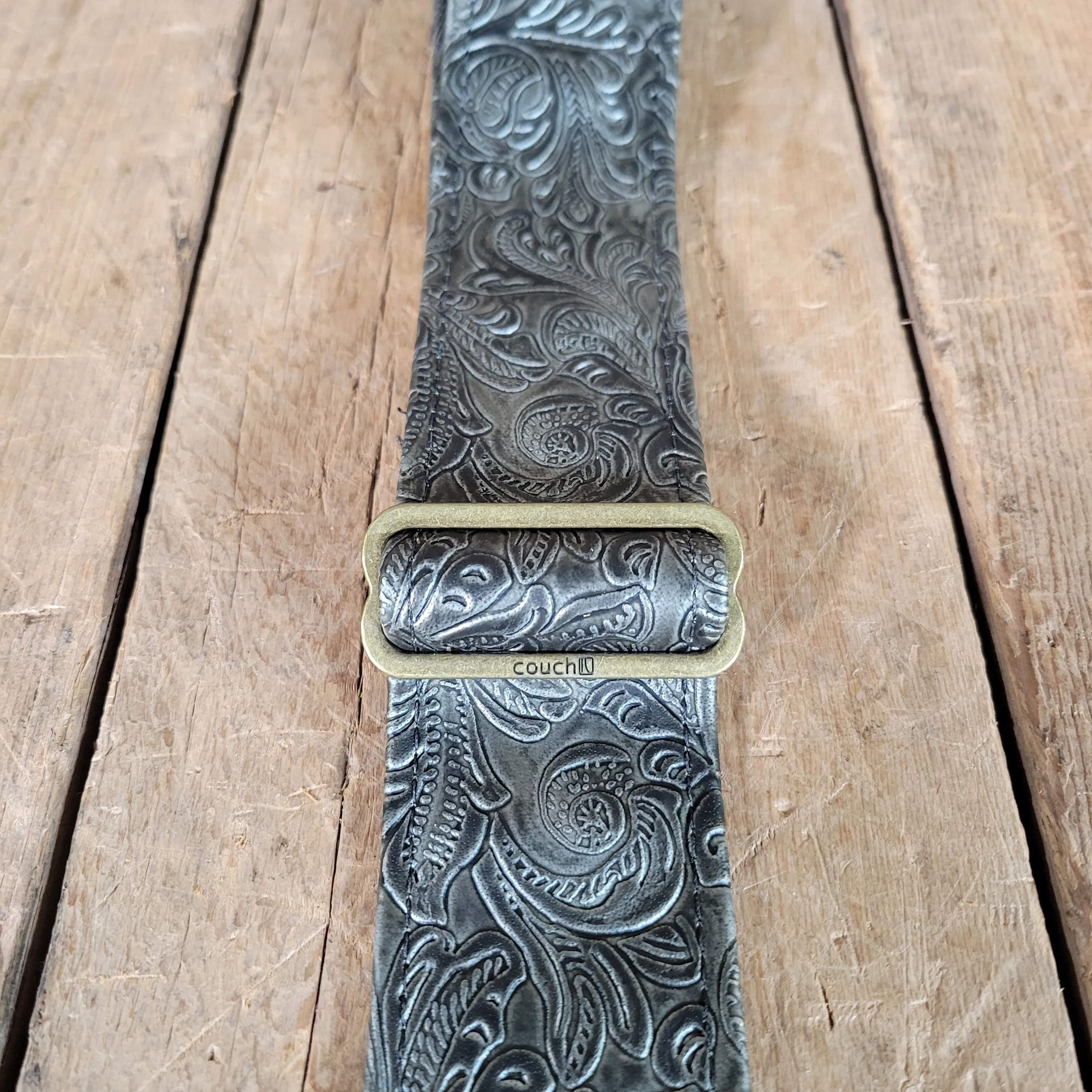 Couch Embossed Leather Guitar Strap with gold Schaller Straplocks