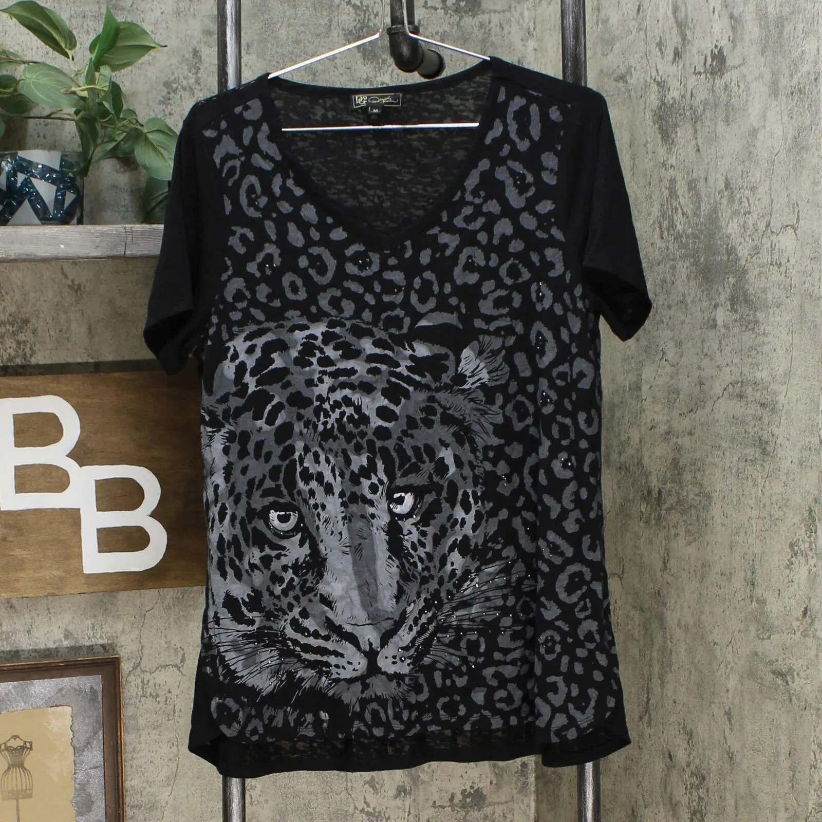 DG2 by Diane Gilman Burnout Printed And Embellished Top Black Animal Medium