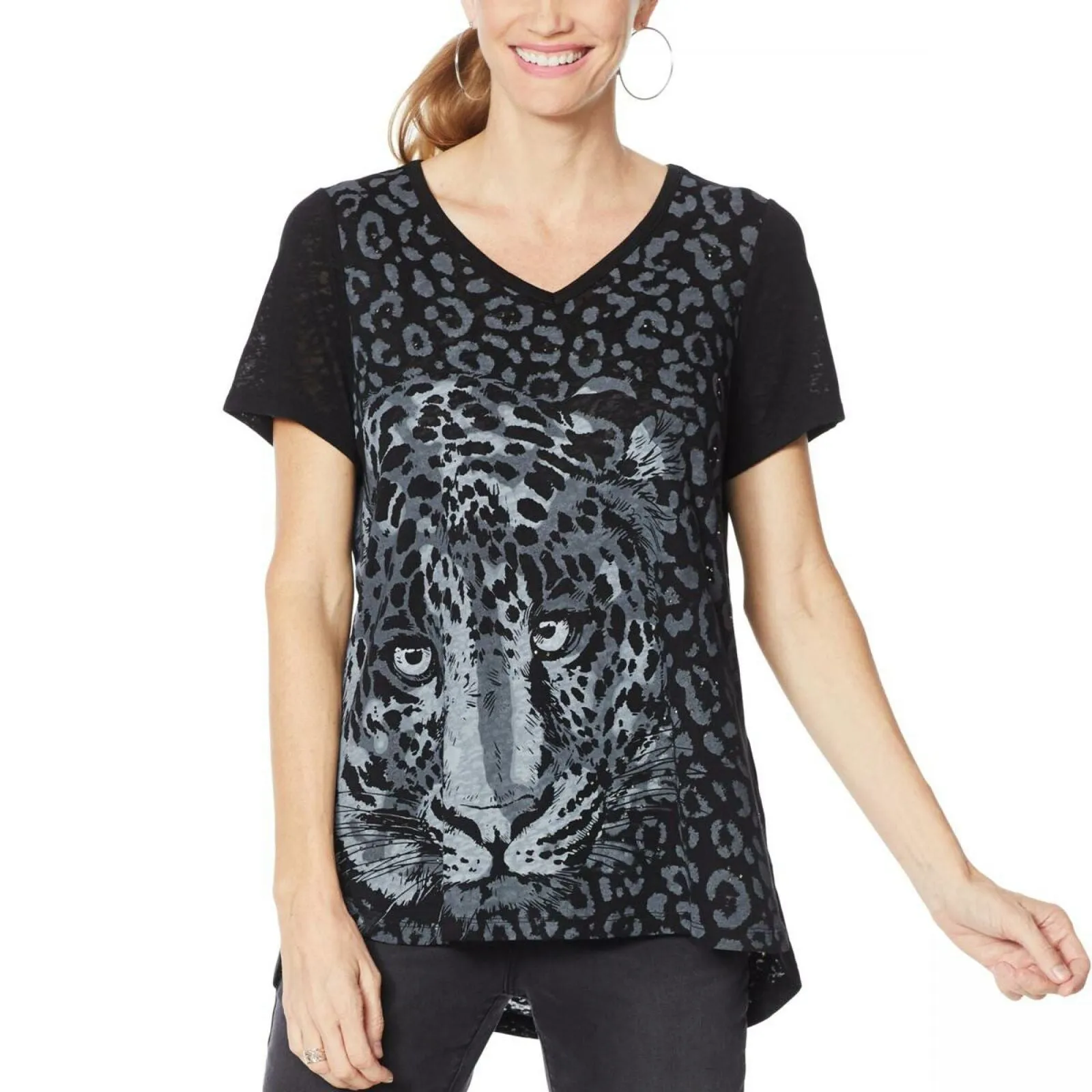 DG2 by Diane Gilman Burnout Printed And Embellished Top Black Animal Medium