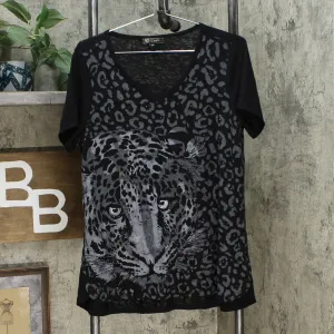 DG2 by Diane Gilman Burnout Printed And Embellished Top Black Animal Medium