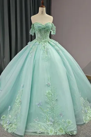 Exquisite Princess Ball Gown Cap sleeve Quinceanera Dresses with 3D Appliques