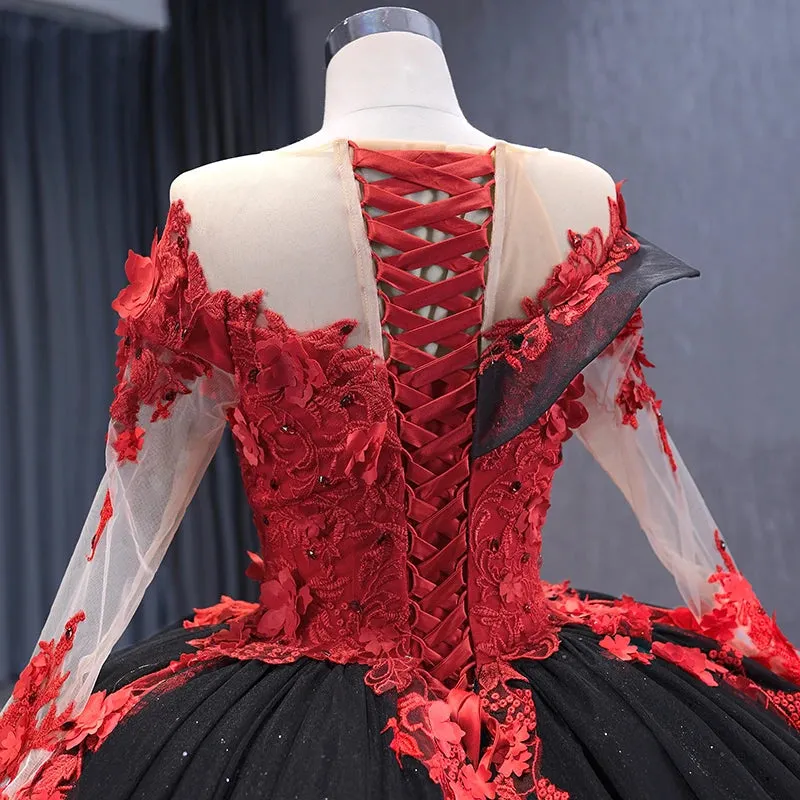 Exquisite Sheer Neck Prom Dresses Long Sleeves Appliques Ball Gown