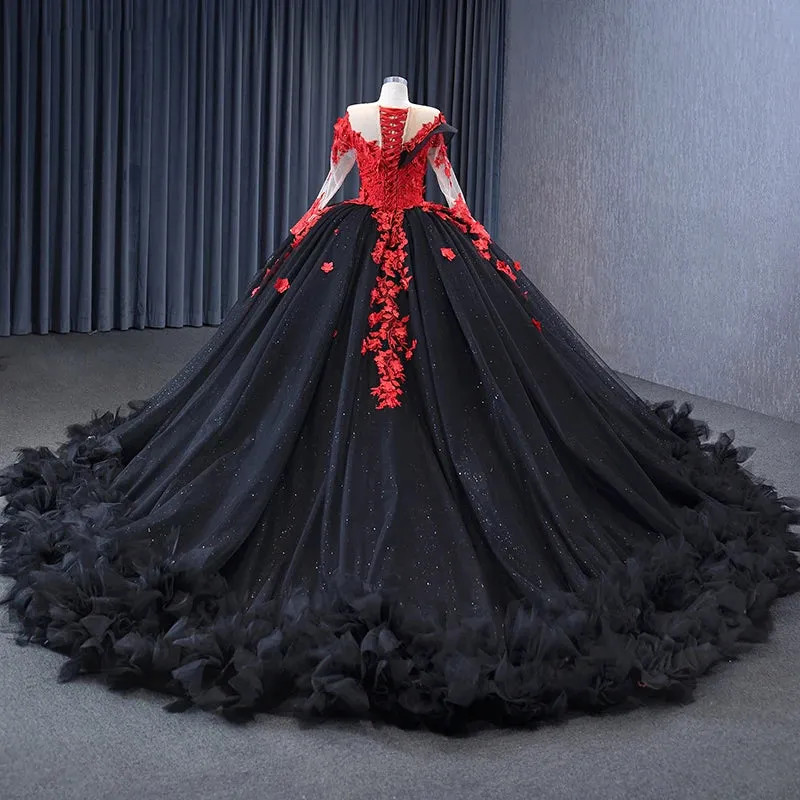 Exquisite Sheer Neck Prom Dresses Long Sleeves Appliques Ball Gown