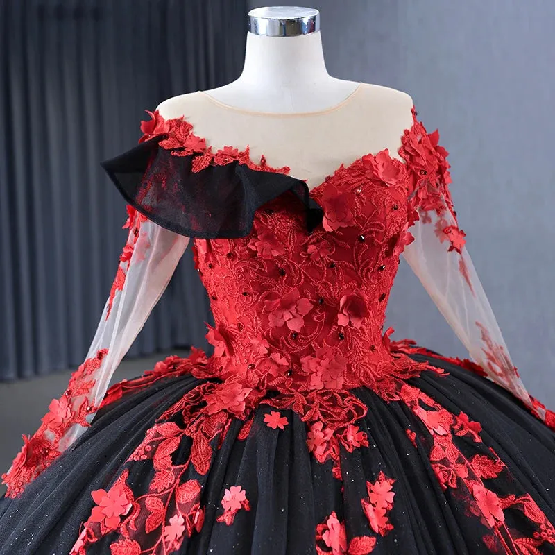 Exquisite Sheer Neck Prom Dresses Long Sleeves Appliques Ball Gown