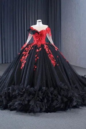 Exquisite Sheer Neck Prom Dresses Long Sleeves Appliques Ball Gown