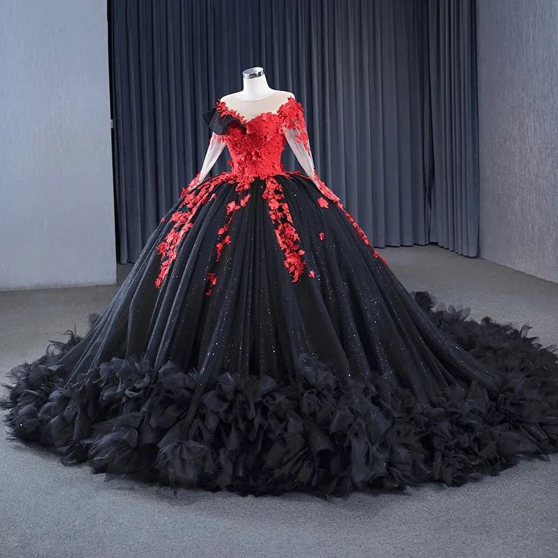 Exquisite Sheer Neck Prom Dresses Long Sleeves Appliques Ball Gown