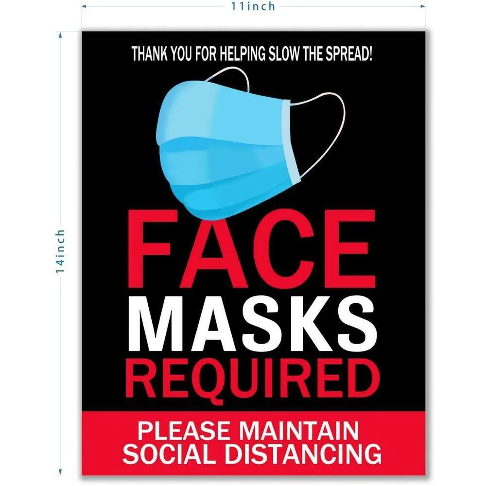 Face Masks Required - Please Maintain Social Distancing Self-Adhesive Signage - Weather, Scratch, Water and Fade Resistant - Large 14" x 11" Size / Pack of 2