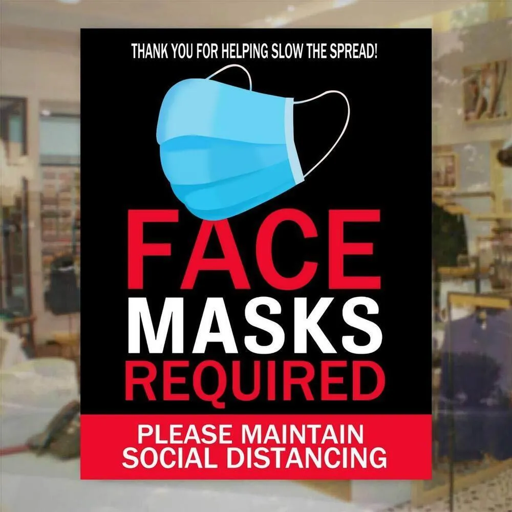 Face Masks Required - Please Maintain Social Distancing Self-Adhesive Signage - Weather, Scratch, Water and Fade Resistant - Large 14" x 11" Size / Pack of 2