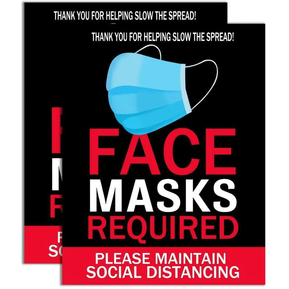 Face Masks Required - Please Maintain Social Distancing Self-Adhesive Signage - Weather, Scratch, Water and Fade Resistant - Large 14" x 11" Size / Pack of 2