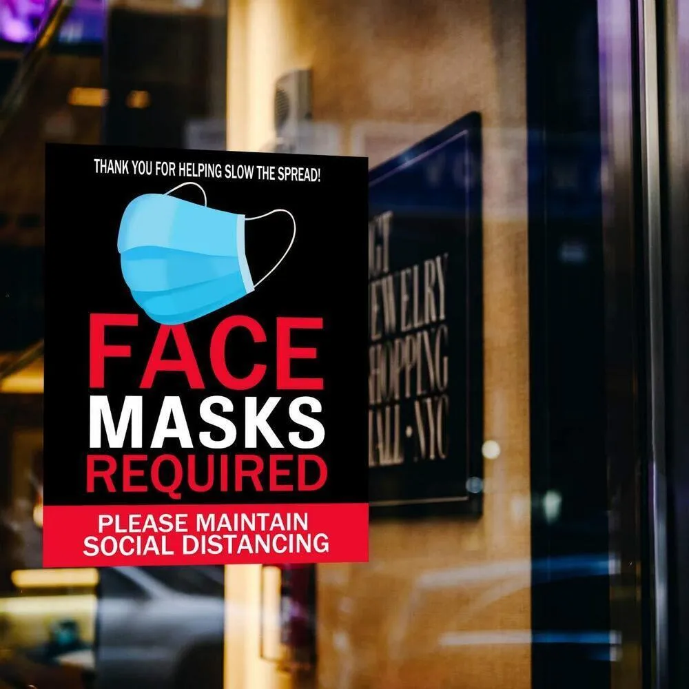 Face Masks Required - Please Maintain Social Distancing Self-Adhesive Signage - Weather, Scratch, Water and Fade Resistant - Large 14" x 11" Size / Pack of 2