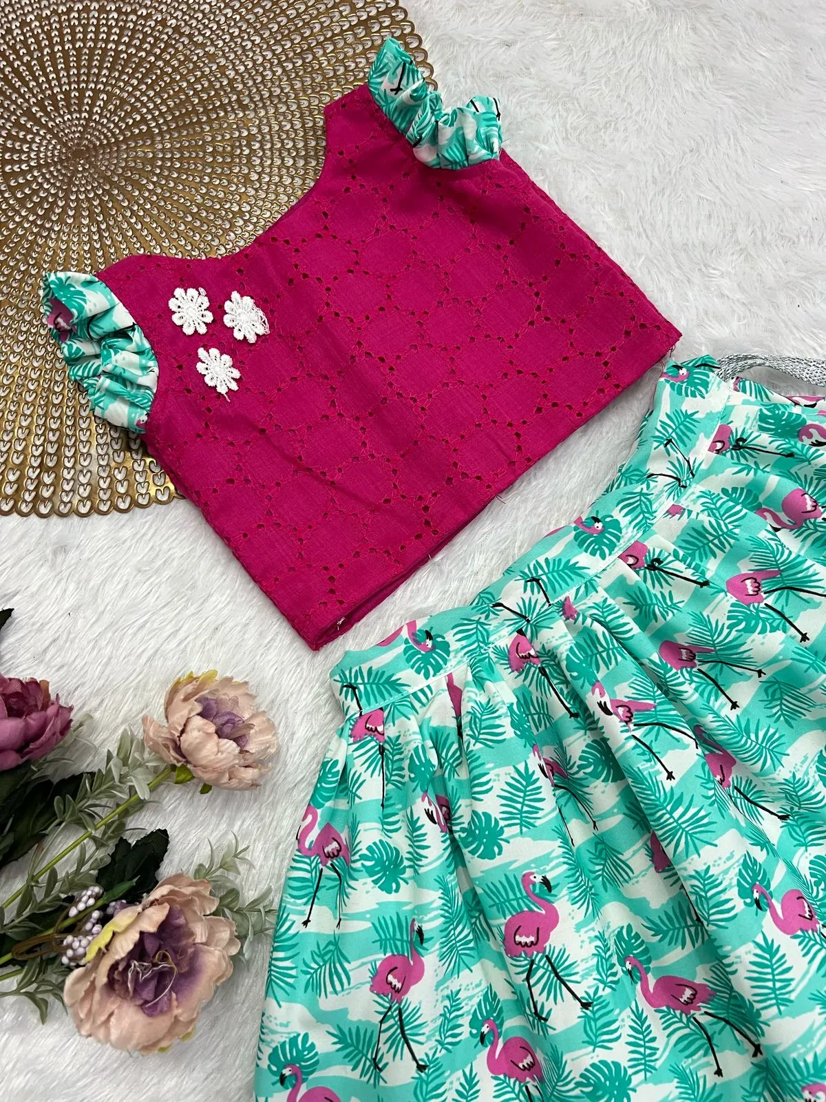 FESTIVE FLARE PINK FLAMINGO SKIRT SET