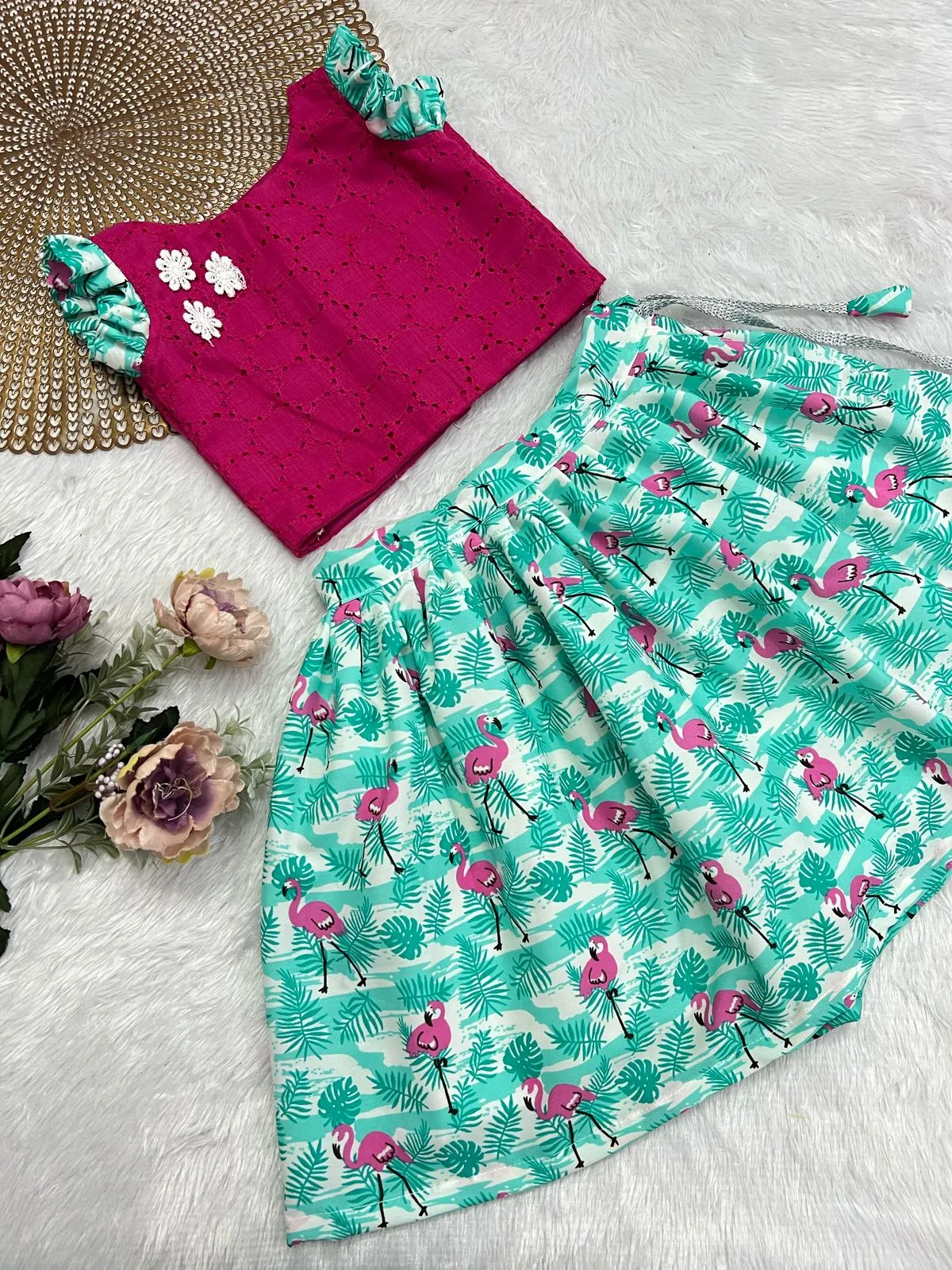 FESTIVE FLARE PINK FLAMINGO SKIRT SET