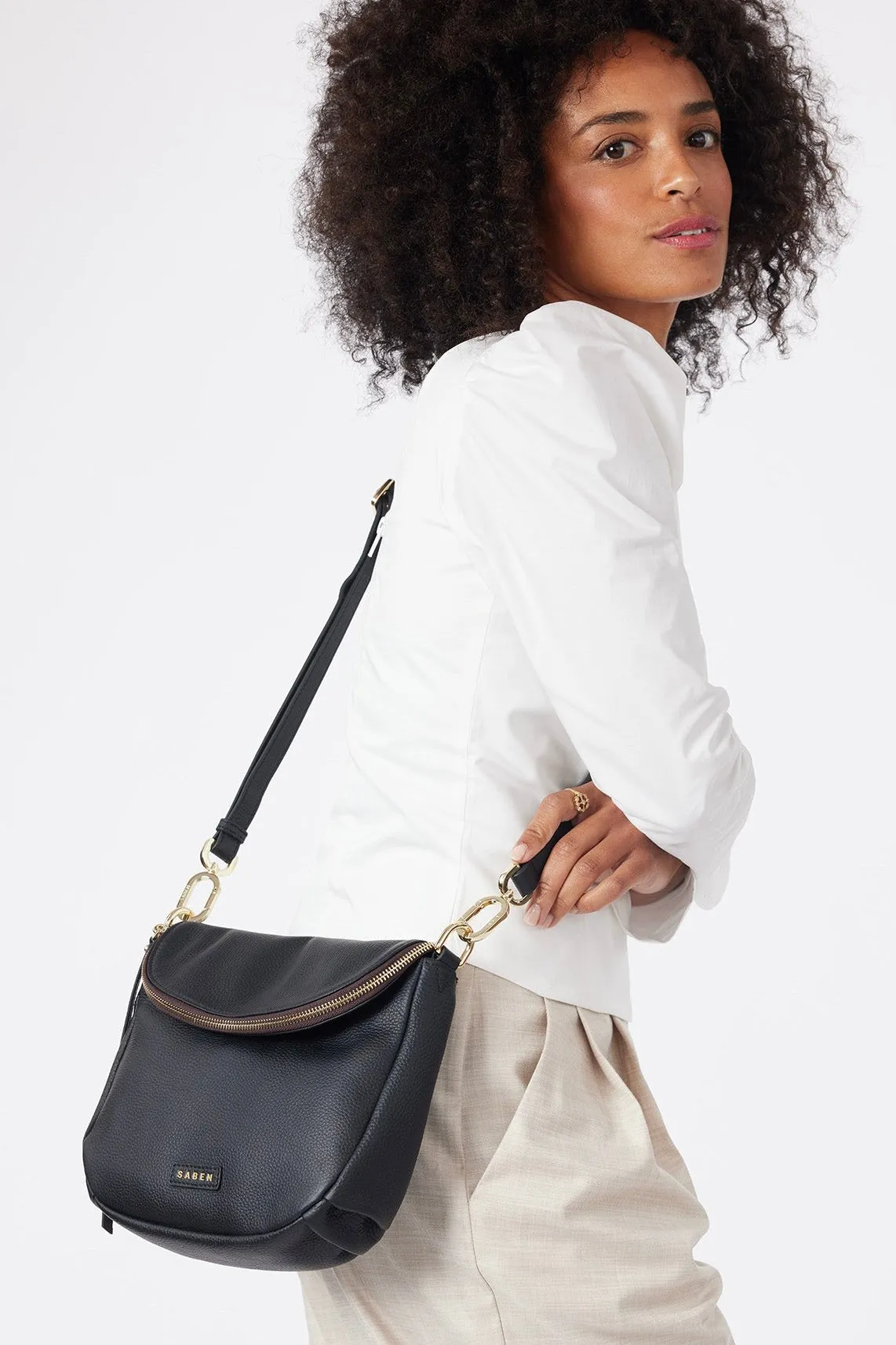 FiFi Black Fold Over Leather Shoulder Bag
