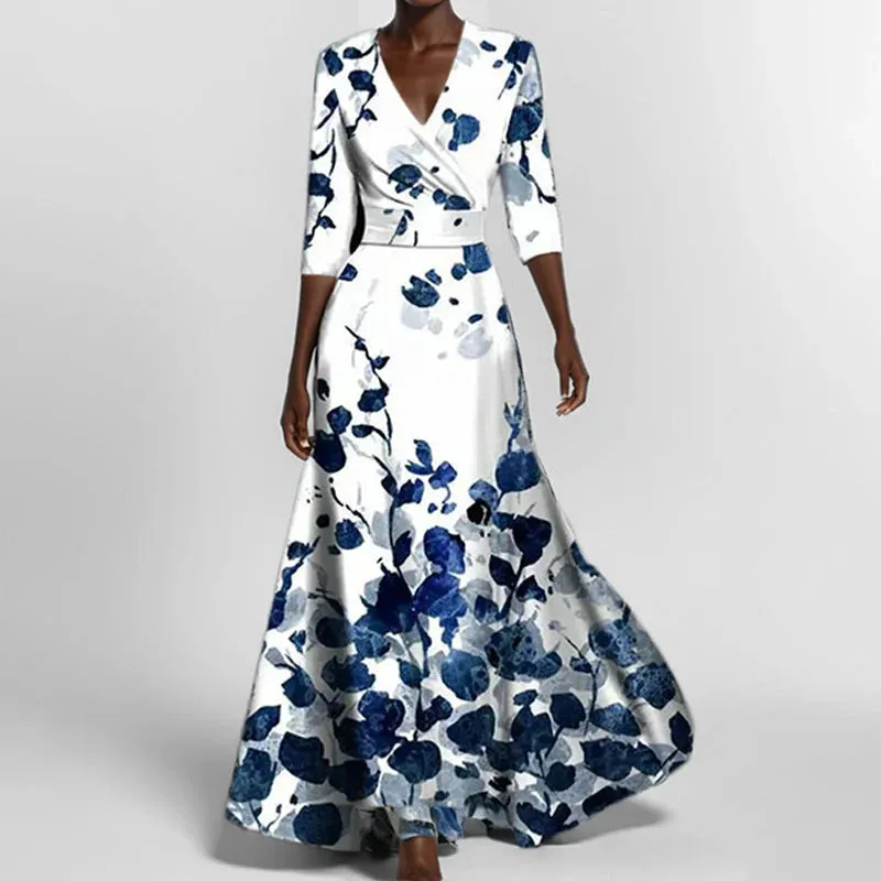 Flare Belle™ | Women's V-Neck Printed Maxi Dress | Tie Waist, Flared Design, Lightweight Fabric