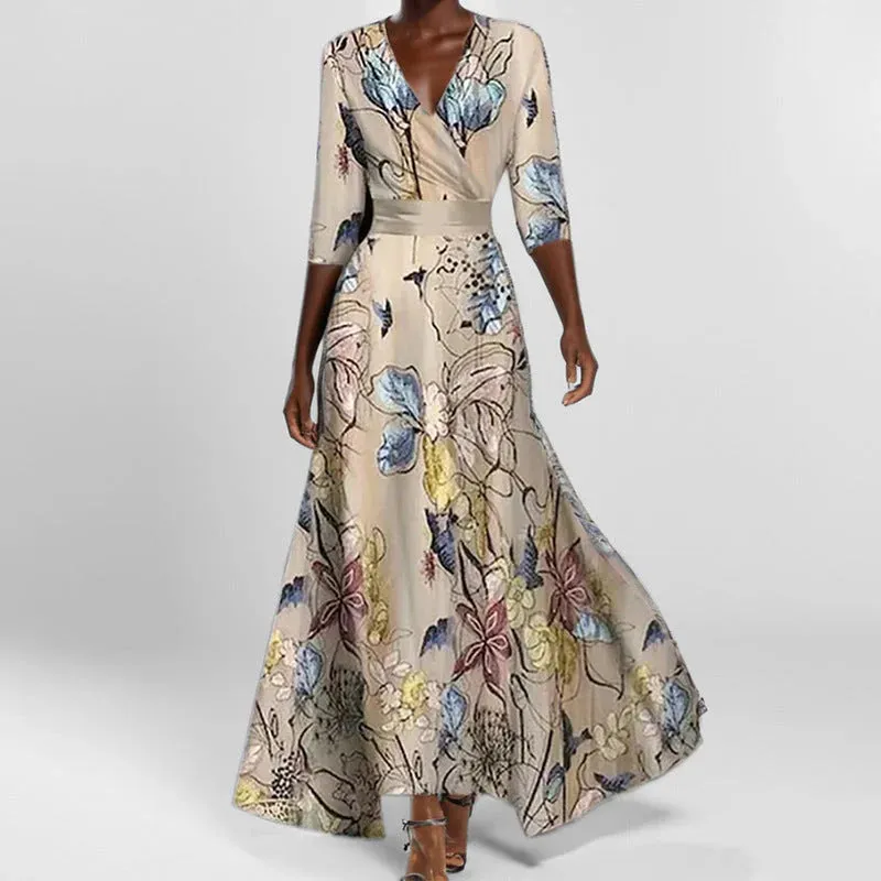 Flare Belle™ | Women's V-Neck Printed Maxi Dress | Tie Waist, Flared Design, Lightweight Fabric