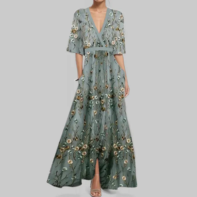 Flare Belle™ | Women's V-Neck Printed Maxi Dress | Tie Waist, Flared Design, Lightweight Fabric