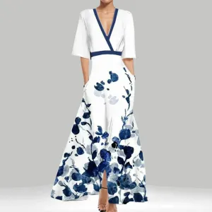 Flare Belle™ | Women's V-Neck Printed Maxi Dress | Tie Waist, Flared Design, Lightweight Fabric
