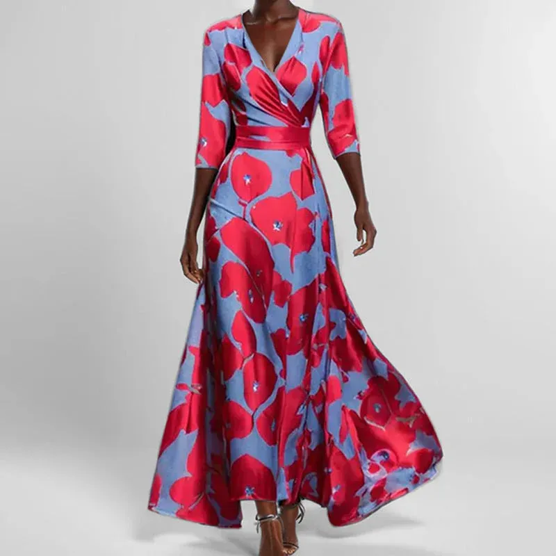 Flare Belle™ | Women's V-Neck Printed Maxi Dress | Tie Waist, Flared Design, Lightweight Fabric