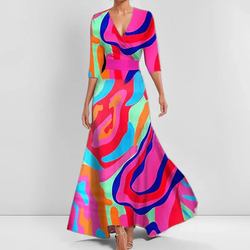 Flare Belle™ | Women's V-Neck Printed Maxi Dress | Tie Waist, Flared Design, Lightweight Fabric