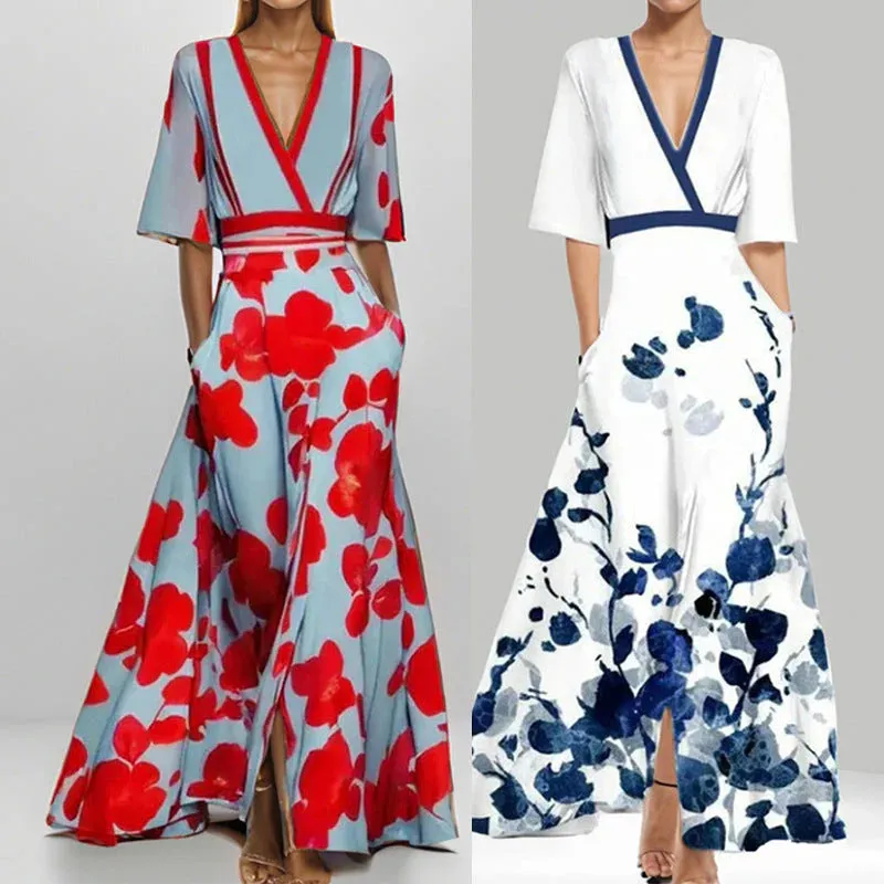 Flare Belle™ | Women's V-Neck Printed Maxi Dress | Tie Waist, Flared Design, Lightweight Fabric