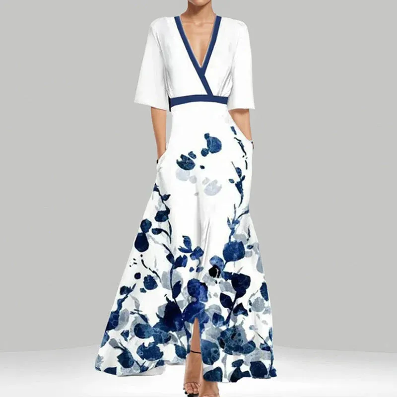 Flare Belle™ | Women's V-Neck Printed Maxi Dress | Tie Waist, Flared Design, Lightweight Fabric