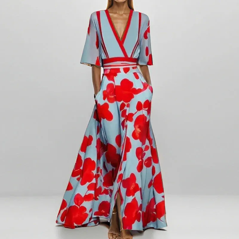 Flare Belle™ | Women's V-Neck Printed Maxi Dress | Tie Waist, Flared Design, Lightweight Fabric