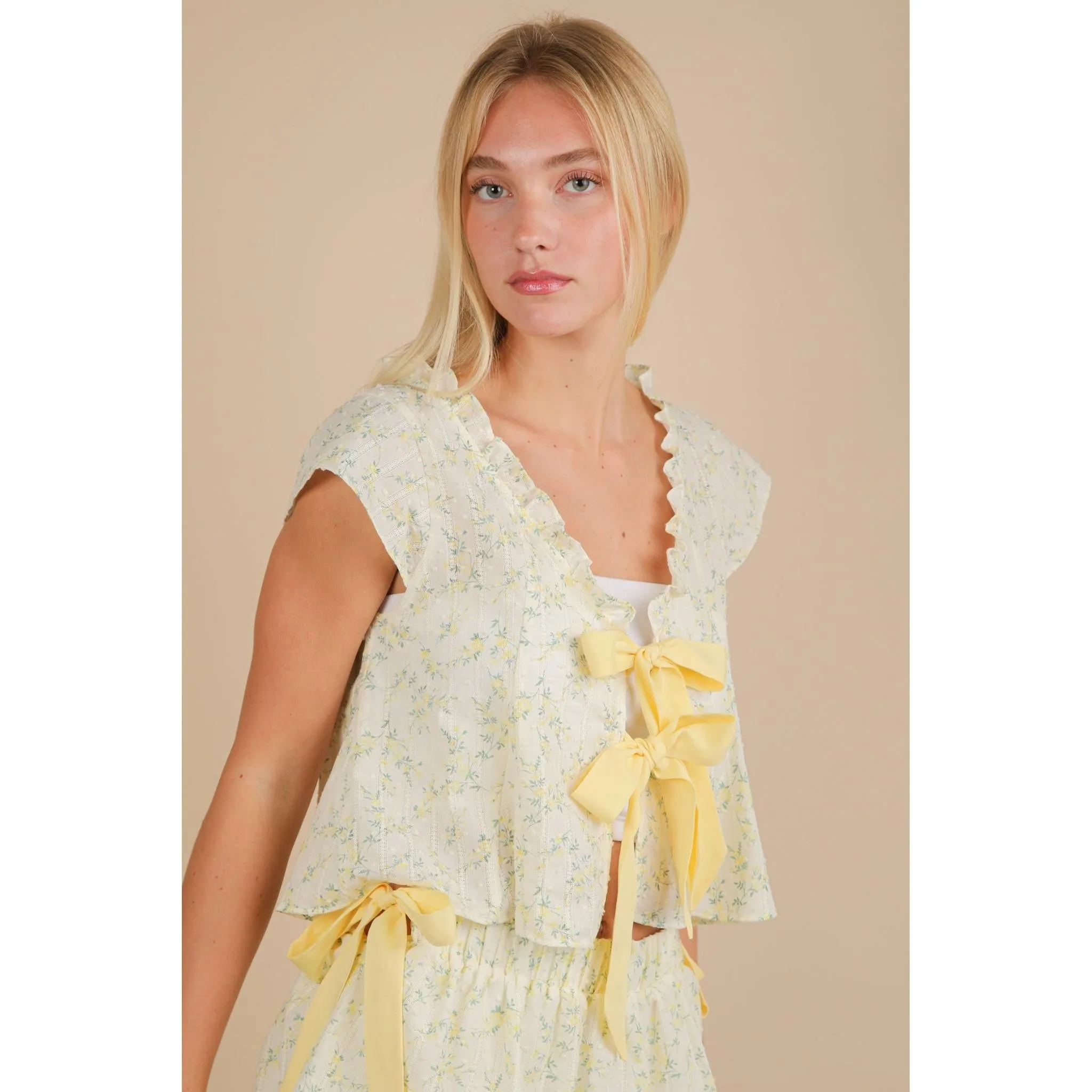 Floral Printed Front Bow Top || Yellow