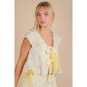 Floral Printed Front Bow Top || Yellow