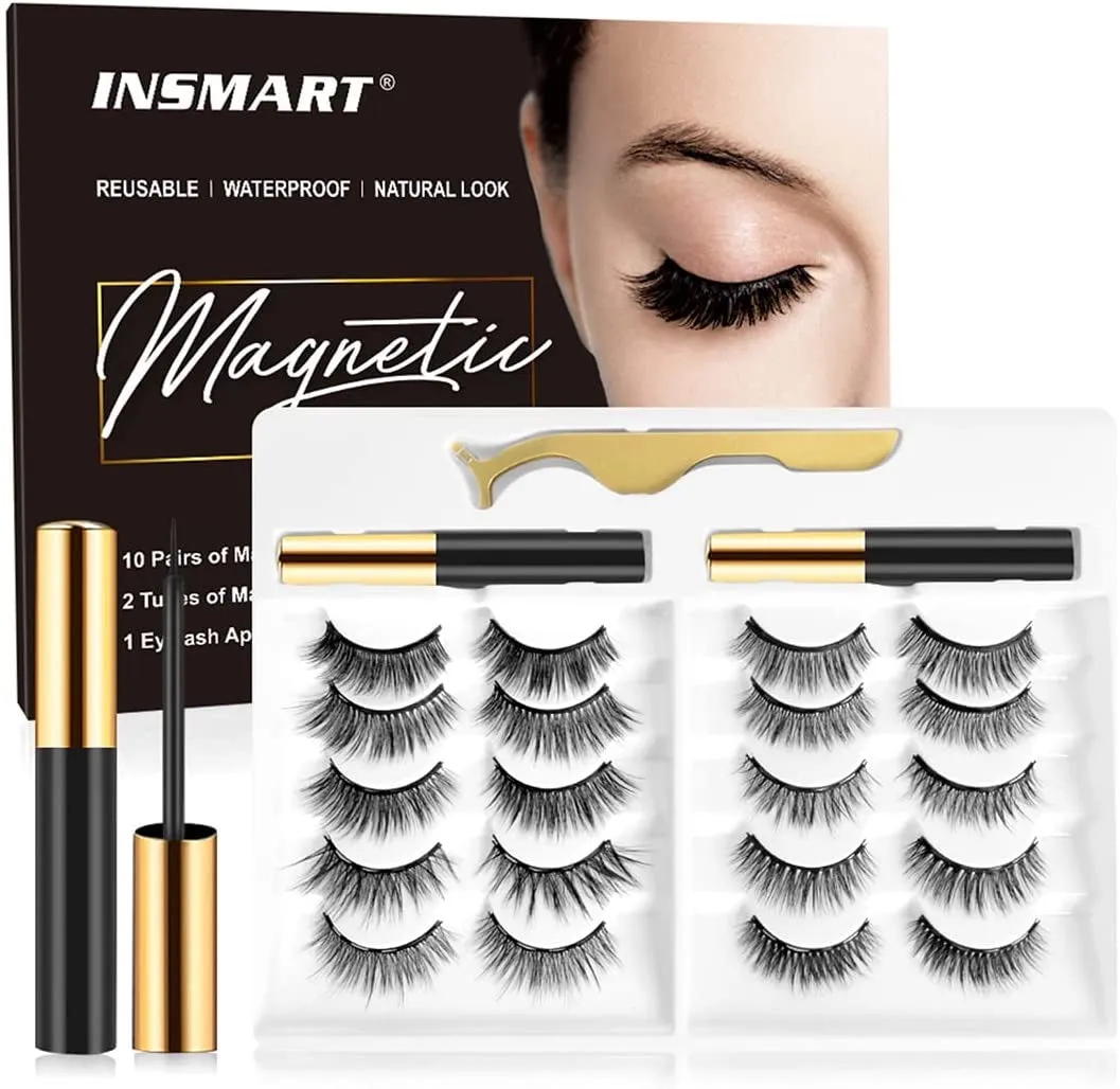 Fofosbeauty 10 Pairs Upgraded 3D 5D Magnetic Eyelashes Kit with Tweezers & 2 Tubes of Magnetic Eyeliner