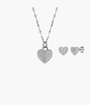 Fossil Harlow Heart To Heart Stainless Steel Pendant Necklace and Earrings Set